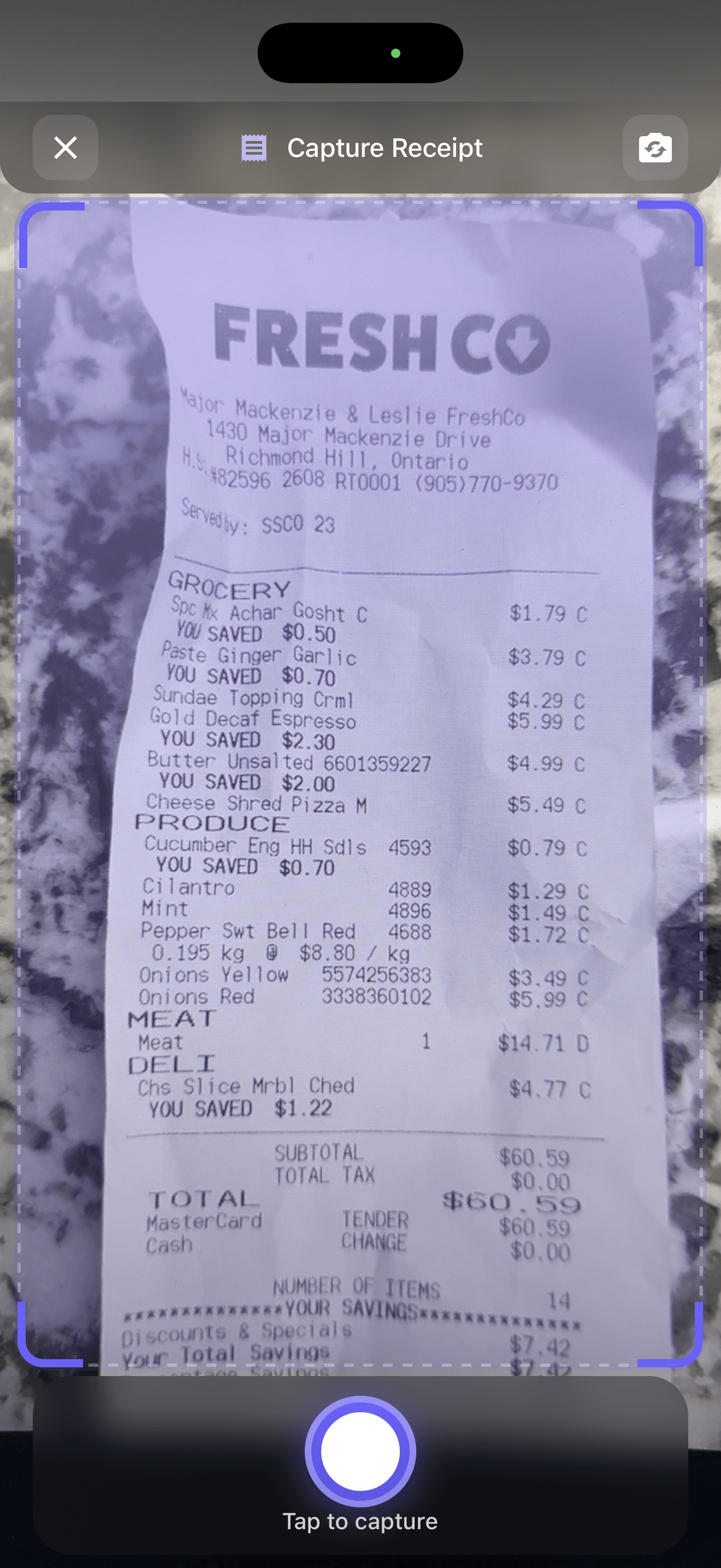 Scanning a FreshCo receipt with the camera